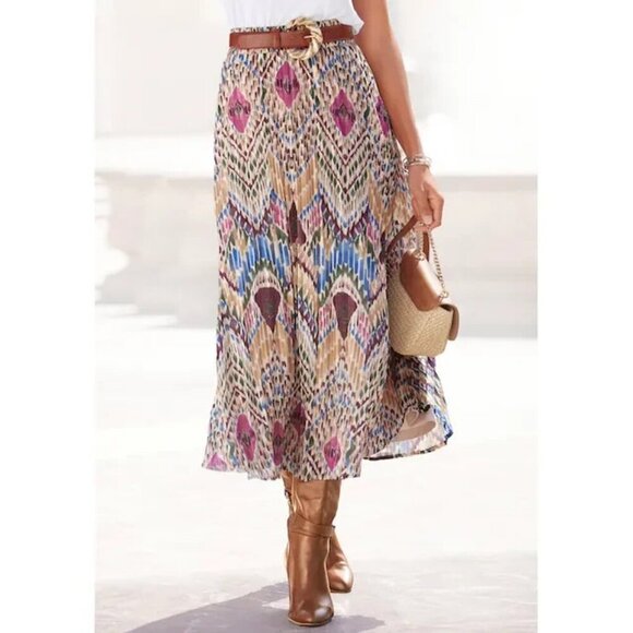 Lascana Dresses & Skirts - Lascana Pleated Midi Skirt Size 8 Geometric Ikat Lined Elastic Waist Multi-Color